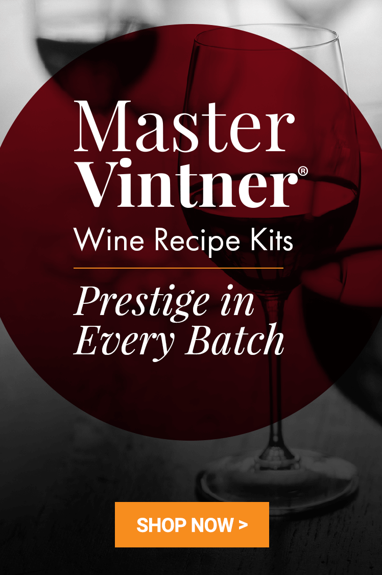 Master Vintner Wine Recipe Kits, Prestige in Every Batch. With an image of wine glasses in black and white