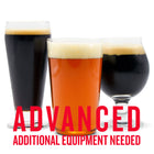 Three glasses of fall-themed craft beer with creamy foam heads, showcasing dark saison, westcoast IPA, and porter in a seasonal advanced homebrew variety pack – additional brewing equipment required.