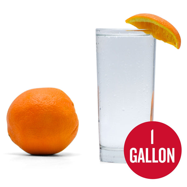 Navel Orange Hard Seltzer in a glass with an orange wedge and orange adjacent with "1-gallon" written in a red circle