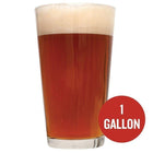 Irish Red Ale homebrew in a glass with a red circle containing the text