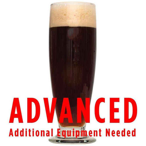 Pilsner Obscura Schwarzbier All Grain Recipe Kit in a glass with text warning advanced additional equipment needed.