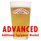 Tallgrass Halcyon Unfiltered Wheat homebrew in a drinking glass with a customer caution in red text: 