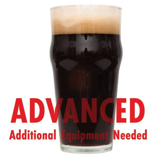 Oatmeal Stout homebrew in a glass with a customer caution in red text: "Advanced, additional equipment needed" to brew this recipe kit