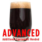 Dragon's Silk Imperial Stout homebrew in a glass with a customer caution in red text: