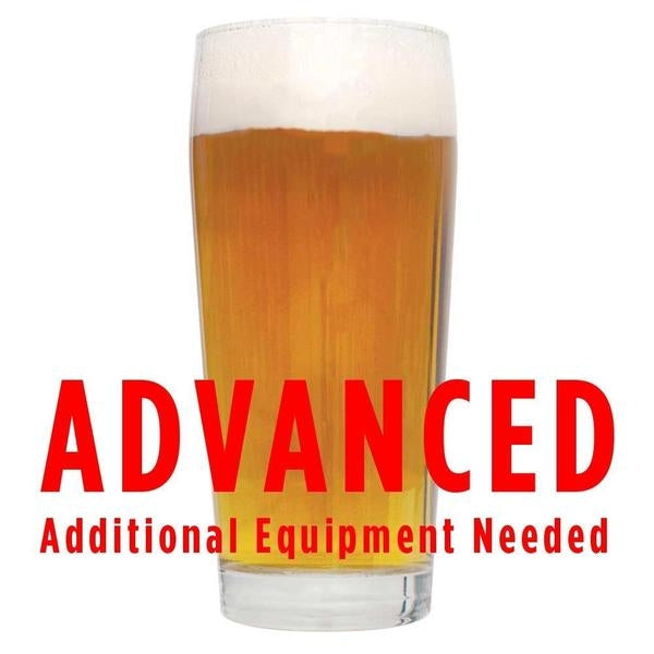 Lemondrop Saison homebrew in a glass with a customer caution in red text: "Advanced, additional equipment needed" to brew this recipe kit