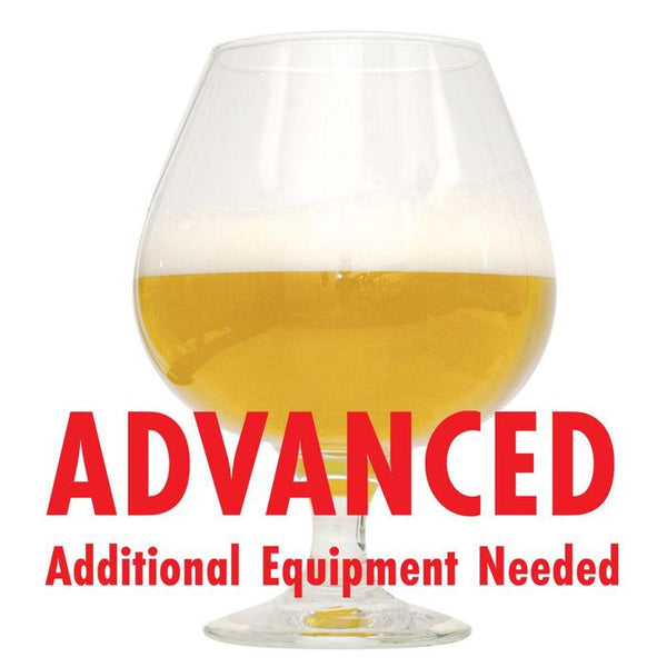 Hazy Eights Double New England IPA in a drinking glass with a customer caution in red text: "Advanced, additional equipment needed" to brew this recipe kit