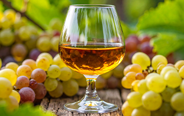 Image of a glass of brandy surrounded by grapes in a vineyard