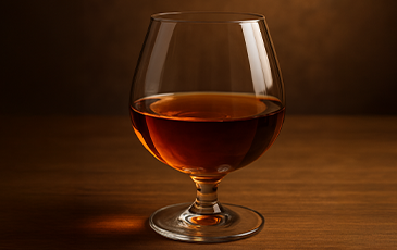 Image of brandy on a wood table with a dark background