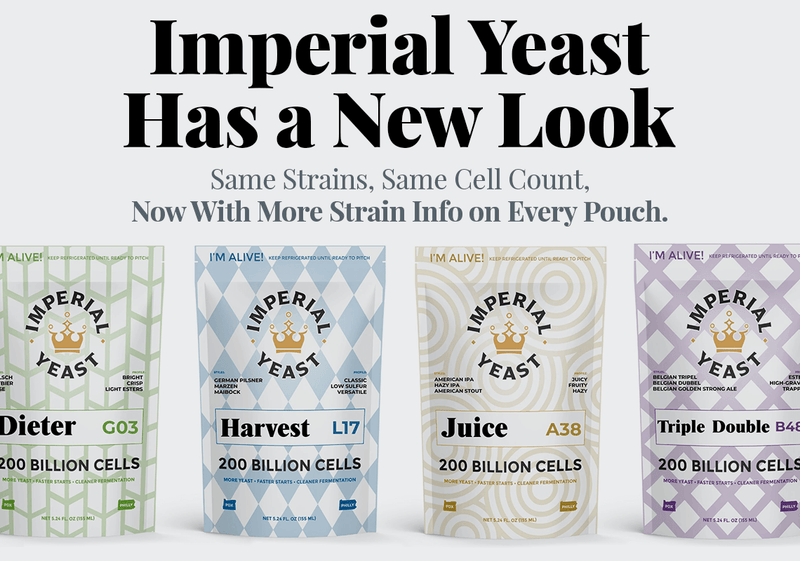 Imperial Yeast packages with new design on a white background