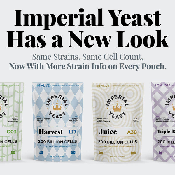 Imperial Yeast packages with new packaging design on a white background. Imperial Yeast Has a New Look. Same Strains, Same Cell Count, Now With More Strain Info on Every Pouch.