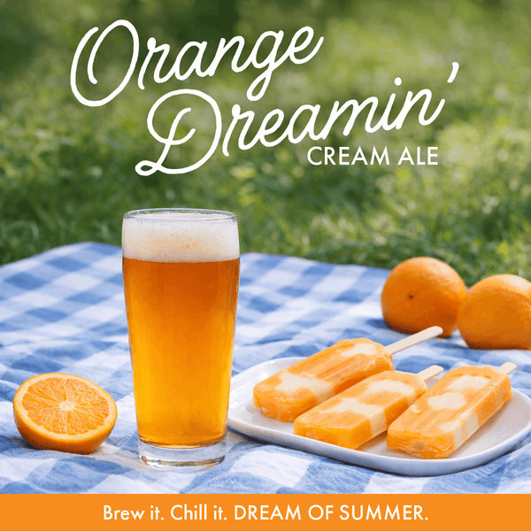 Glass of Orange Dreamin' Cream Ale with oranges and popsicles on a picnic blanket. Brew it. Chill it. Dream of Summer.