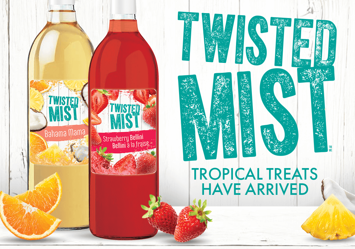 Twisted Mist, Tropical Treats have Arrived image of two bottles of wine with fruit
