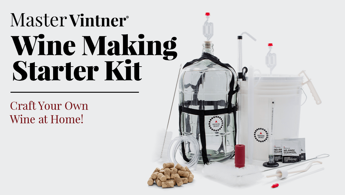 Wine making starter kit with text 'Master Vintner Wine Making Starter Kit' on a white background