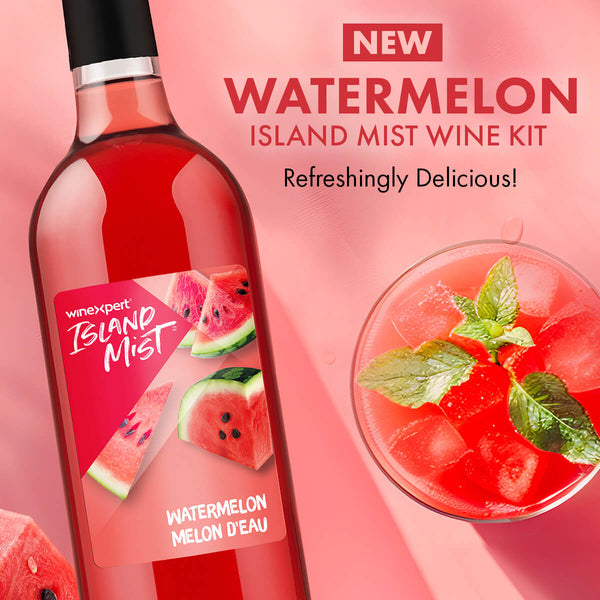 Watermelon Island Mist wine kit with a glass of watermelon wine on a pink background. New Watermelon Island Mist Wine Kit. Refreshingly Delicious!