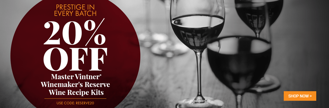 Promotional banner for wine recipe kits with glass of wine and discount offer.