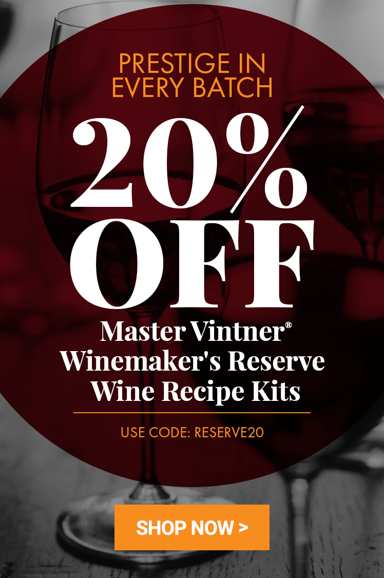 Promotional banner for wine recipe kits with a glass of wine and discount offer.