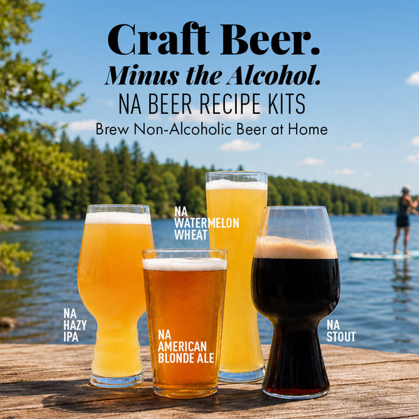 Four glasses of different types of NA beer on a wooden dock with a scenic background with the words Craft Beer. Minus the Alcohol. NA Beer Recipe Kits. Brew Non-Alcoholic Beer at Home. NA Hazy IPA, NA American Blonde Ale, NA Watermelon Wheat. NA Stout.