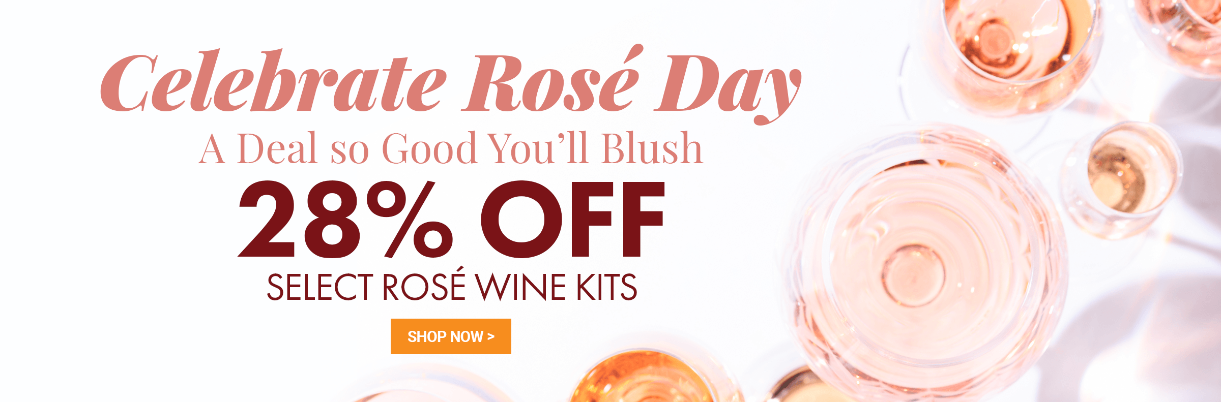 Banner with an image of multiple glasses of Rose wine from above with text 'Celebrate Rosé Day a deal so good you'll blush 28% OFF select rose wine kits.