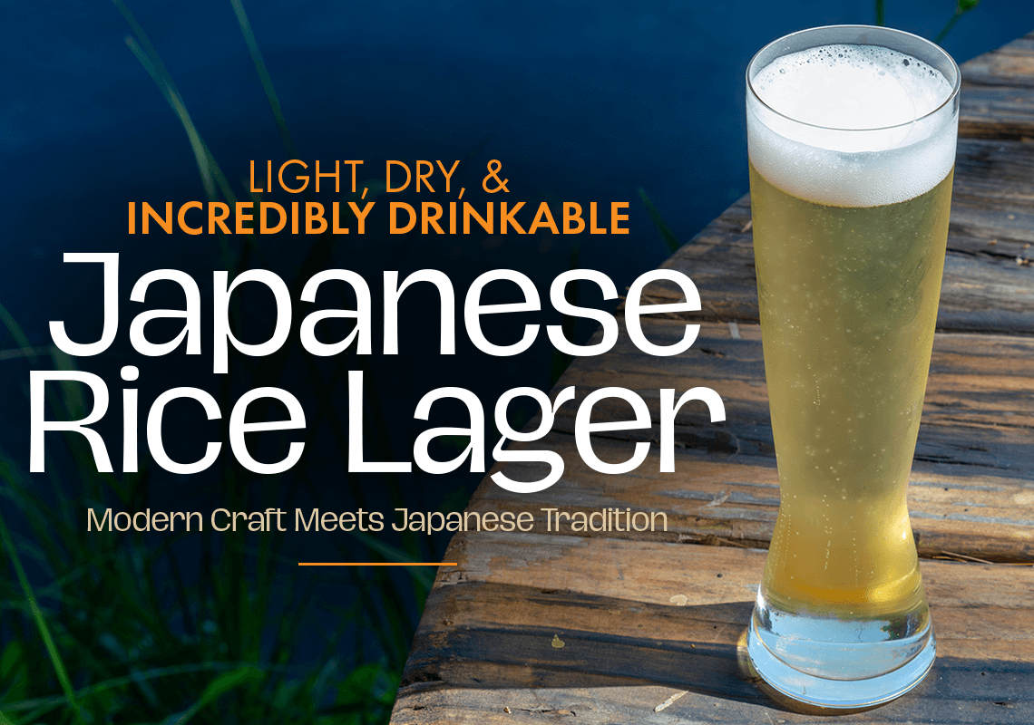 Glass of Japanese Rice Lager with promotional text on a wooden surface