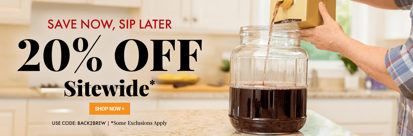 Promotional banner with a jar of coffee and a person pouring coffee, offering a 20% discount sitewide.