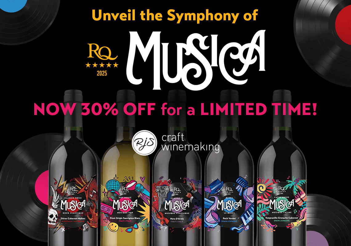 Wine bottles with colorful labels on a black background with promotional text for RQ Musica wine.