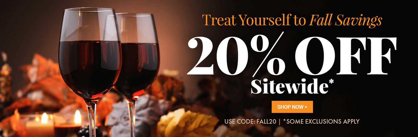 Two wine glasses with a promotional banner for 20% off sitewide offer.
