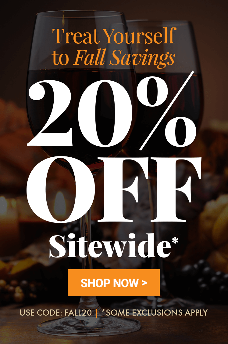 Wine glass with promotional text for 20% off sitewide sale.