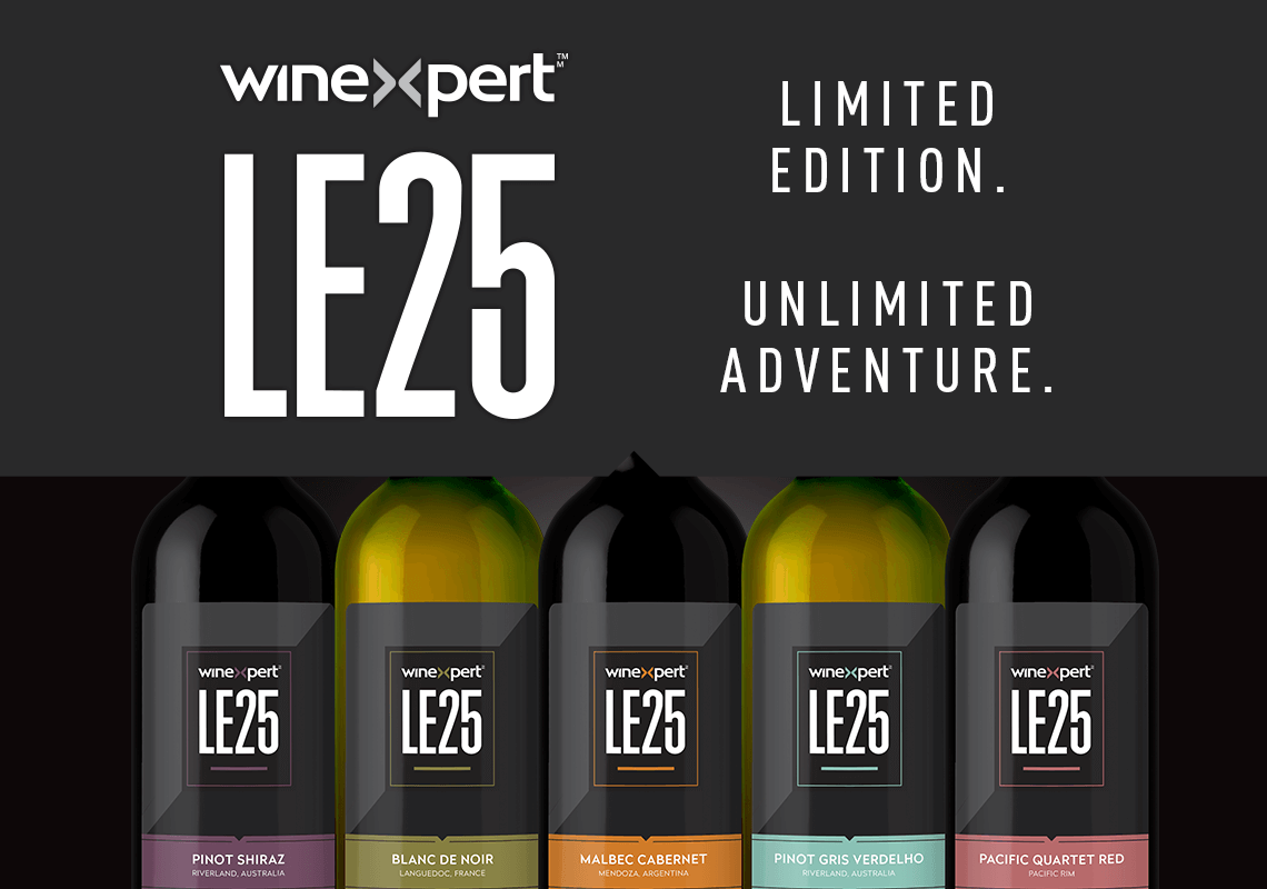 Winexpert LE25 wine bottles with branding and promotional text on a black background