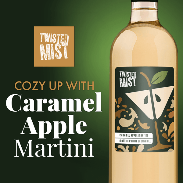 Image of a Golden bottle of wine over a dark green background with the words 'Cozy Up With Caramel Apple Martini' and a Twisted Mist Logo.