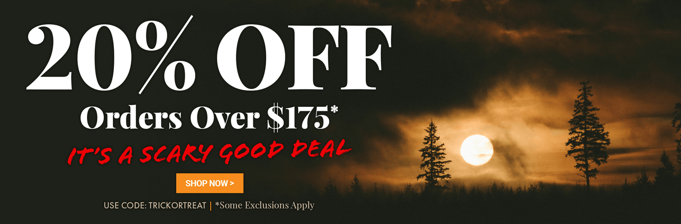 Promotional banner with 20% off text over a dark sky with moon and trees, featuring a Halloween theme. Use code TRICKORTREAT