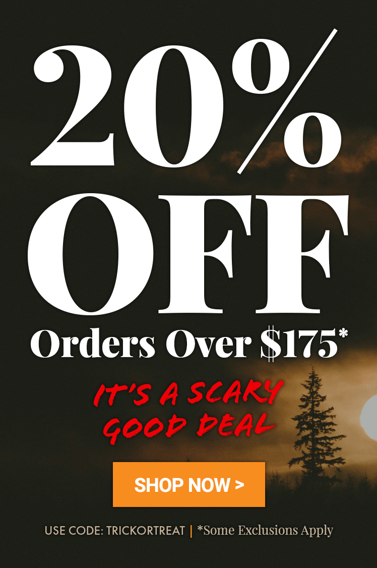 Promotional advertisement with 20% off orders over $175 text and a shop now button over a dark background with trees. Use code TRICKORTREAT