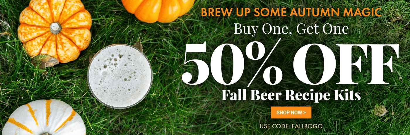 Promotional banner for fall beer recipe kits with pumpkins and a glass of beer on grass.