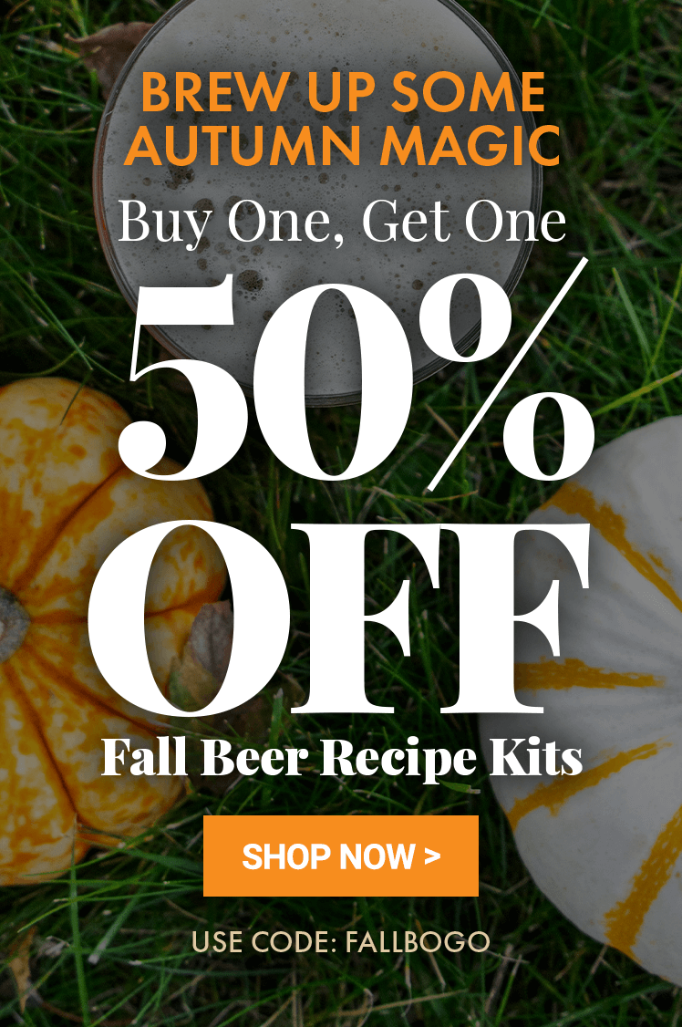 Promotional advertisement for fall beer recipe kits with pumpkins and a discount offer.