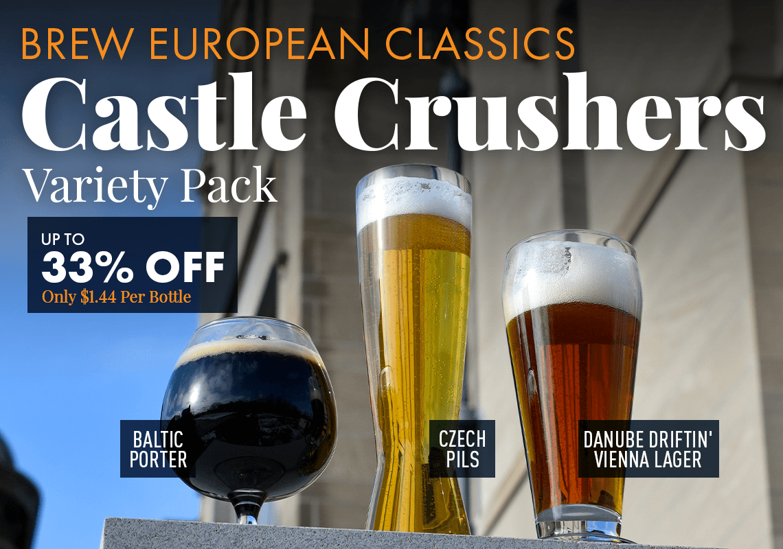 Advertisement for Castle Crushers Variety Pack with three glasses of different beers and promotional text.