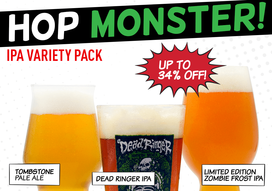 Hop Monster IPA Variety Pack with three glasses of beer and promotional text. Up to 34% Off!