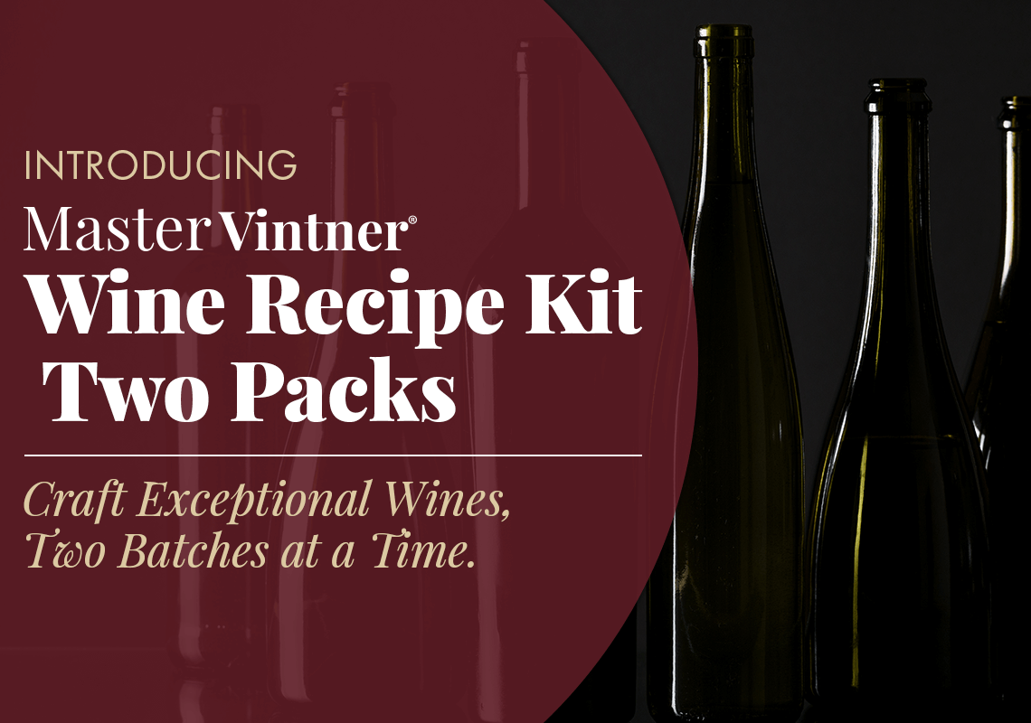 Wine bottles with text about Master Vintner Wine Recipe Kit Two Packs on a dark background.