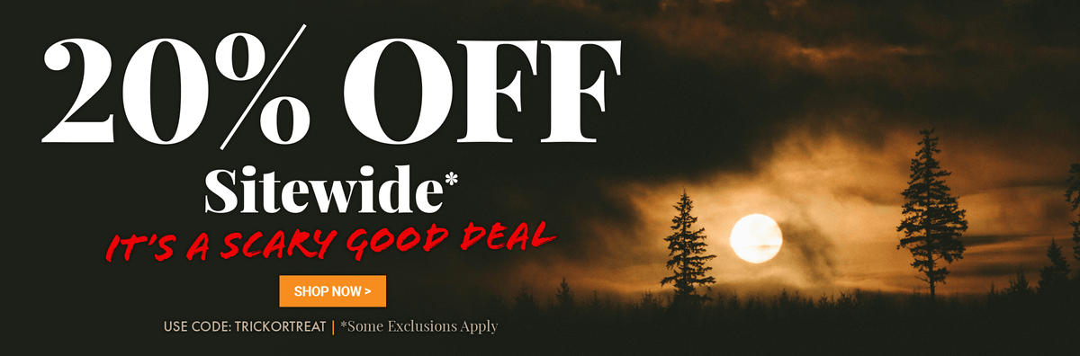A promotional sale banner with large white text reading '20% OFF Sitewide' and red text 'IT'S A SCARY GOOD DEAL' 'Use Code: TRICKORTREAT | *Some Exclusions Apply' over a dark outdoor spooky full moon scene with trees and a glowing moon.