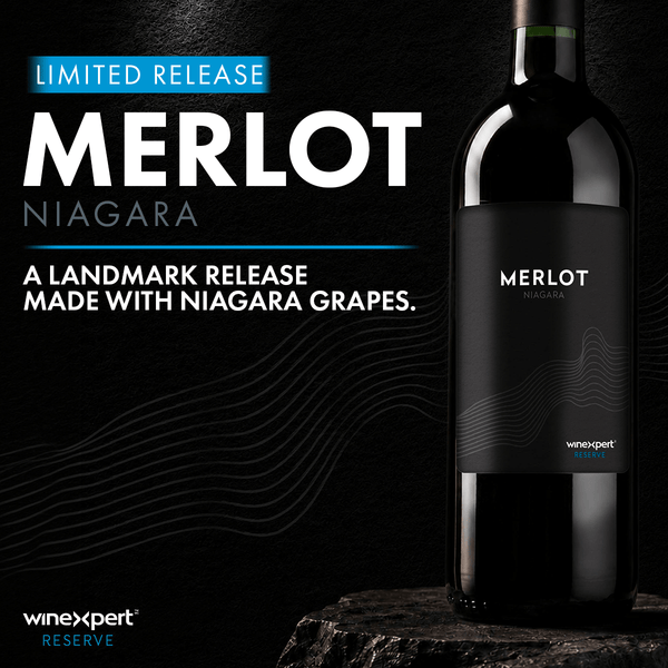 Promotional Graphic for 'Limited Release Winexpert Reserve Merlot Niagara' 'A Landmark release made with niagara grapes.' on a dark black background with gray waves and a bottle of Merlot with a dark label. 