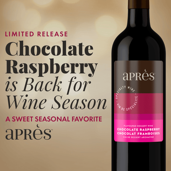 A bottle of Aprés Chocolate Raspberry dessert wine shown on the right against a warm beige background with large promotional text on the left saying 'Limited Release' 'Chocolate Raspberry Is Back for Wine Season' 'A sweet seasonal favorite'.