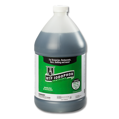 Bottle of BTF Iodophor sanitizer with a green label on a white background