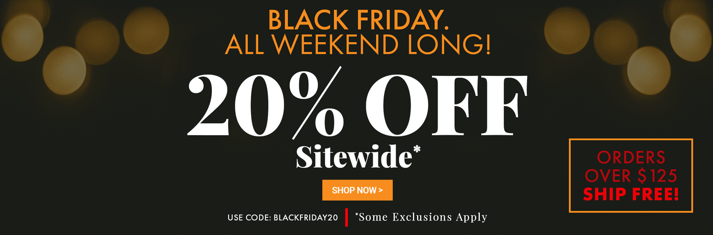Black Friday sale banner with 20% off sitewide offer on a dark background with blurred lights.