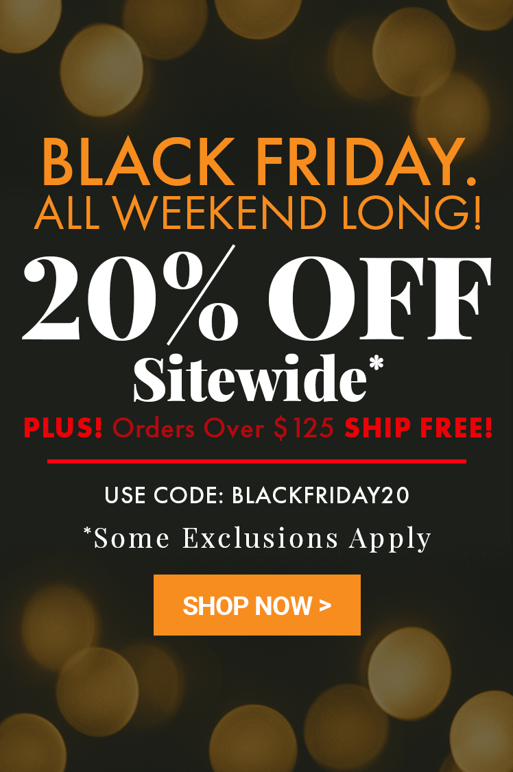 20% off Sitewide Black Friday sale advertisement with text and a 'Shop Now' button on a dark background with bokeh lights.
