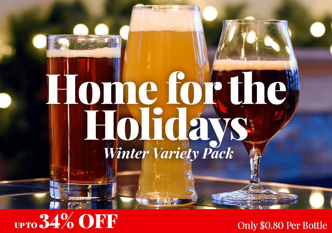 Three glasses of beer with a festive background. Up to 34% off Home for the Holidays winter variety pack offer.