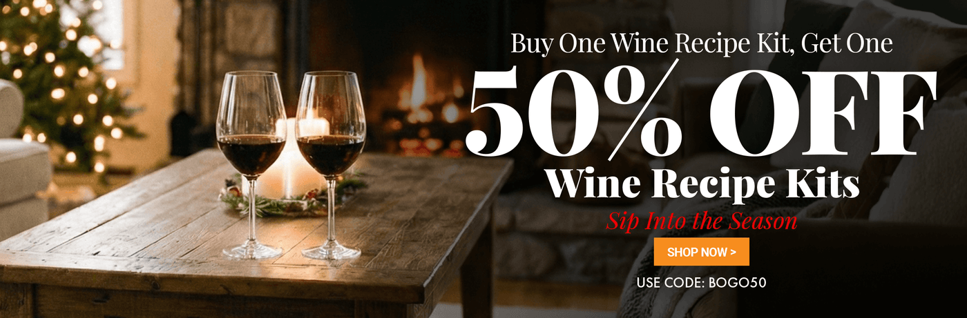 Two wine glasses on a table with a cozy indoor setting, promoting a BOGO 50% off wine recipe kit offer.
