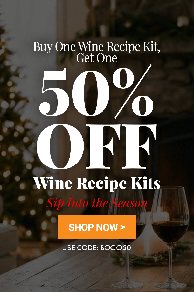 Promotional text for BOGO 50% off wine recipe kits with a blurred background of wine glasses and a table.