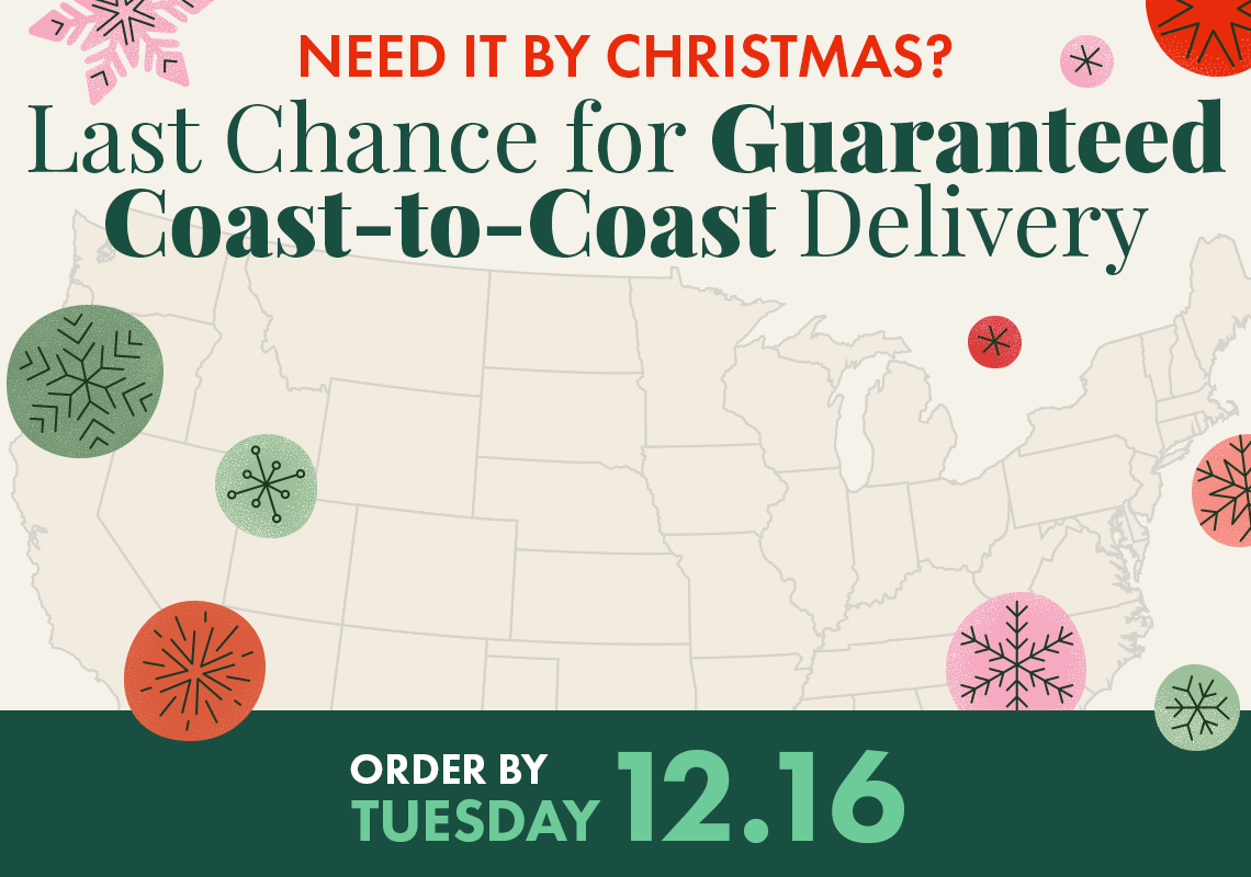 Promotional graphic for guaranteed coast-to-coast delivery by Christmas with a map of the United States.