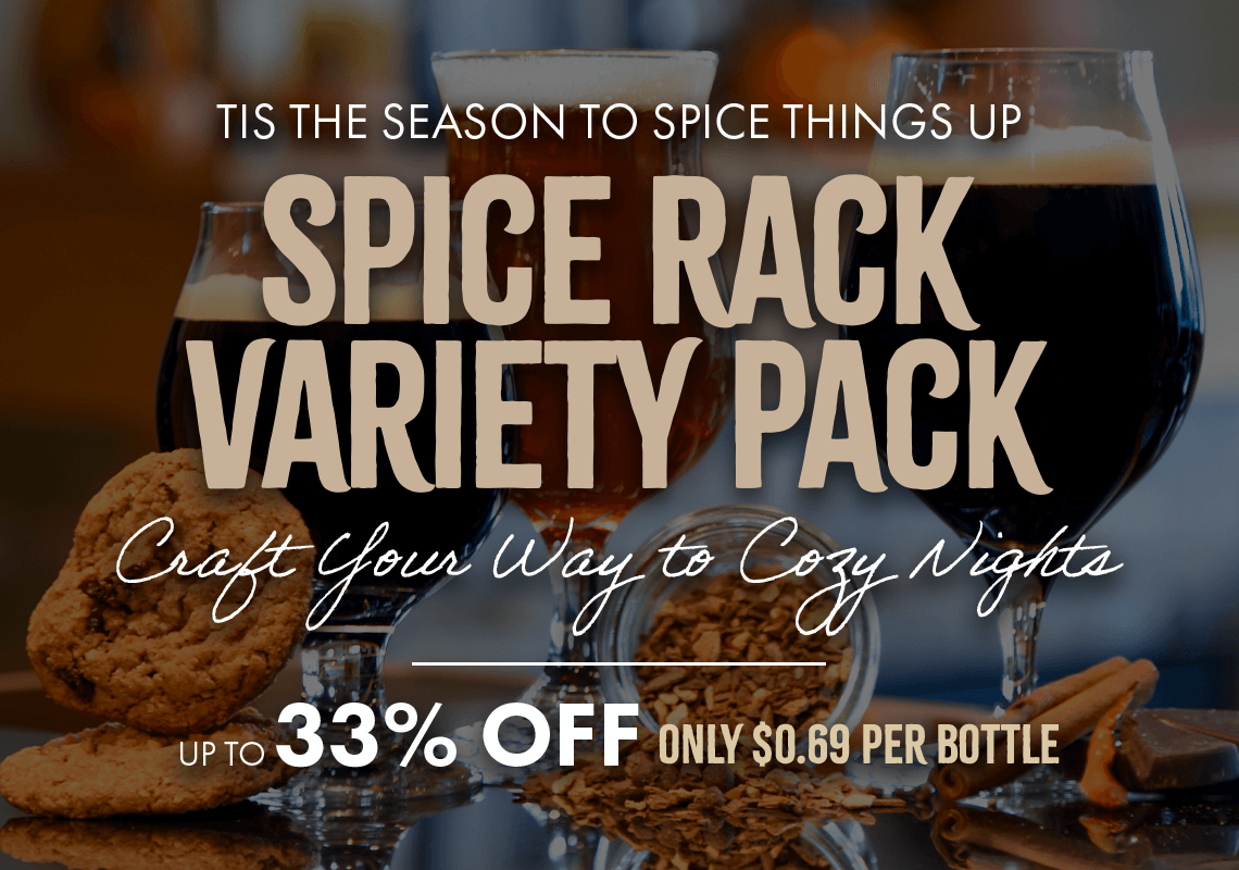 Promotional image for a spice rack variety pack with glasses of dark liquid and cookies.