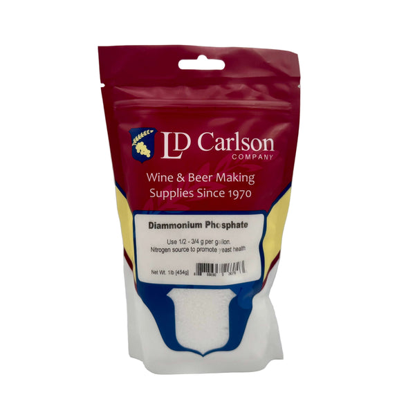 Bag of LD Carlson Diammonium Phosphate for wine and beer making on a white background