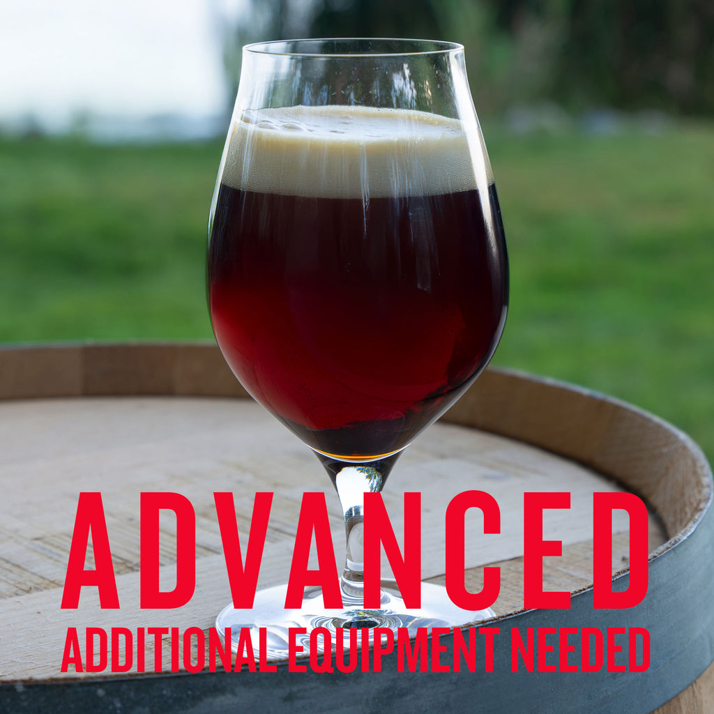 Glass of Sasquatch Barleywine, labeled 'Advanced Additional Equipment Needed' on a white background