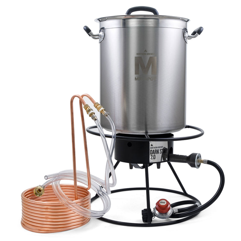 The Brewhouse Ignition Pack, including the Darkstar 2.0 burner, Copper Immersion Chiller, and 8-gallon Megapot brew kettle